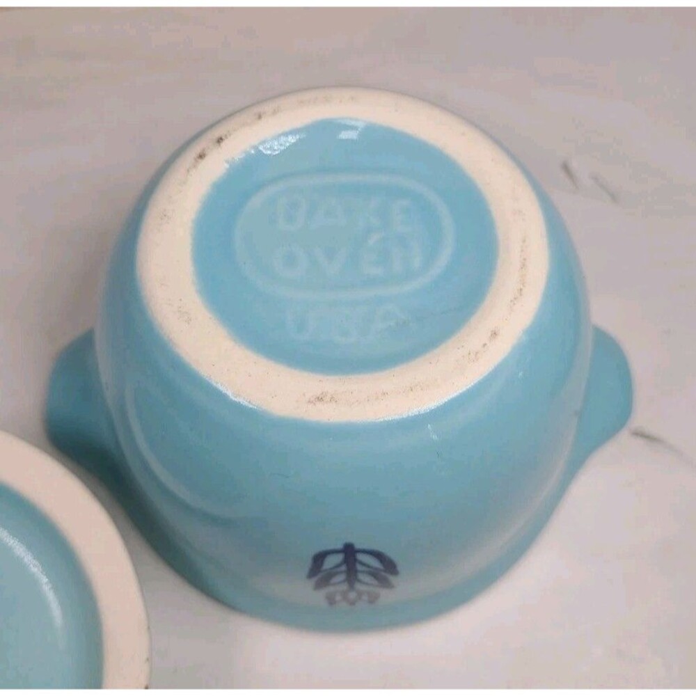 Vintage (4) Cronin BLUE TULIP Small Soup Sauce Pots WITH Lids & Handles - Picture 9 of 11